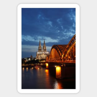 Cologne Cathedral, Dom, Hohenzollern Bridge, dusk, Cologne, Germany Sticker